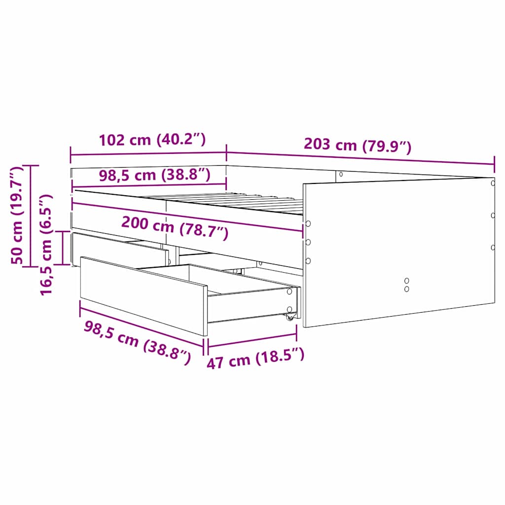 Ágykeret fiókkal Fekete tölgy 100 x 200 cm Tömör fenyőfa