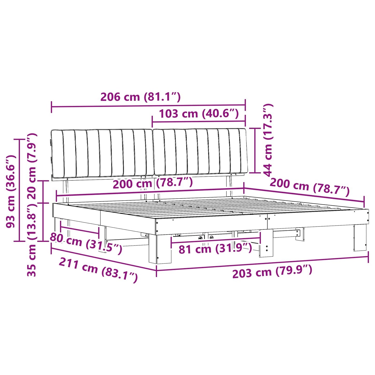 Ágykeret Kárpitozott Fejtámlával Fekete 200 x 200 cm