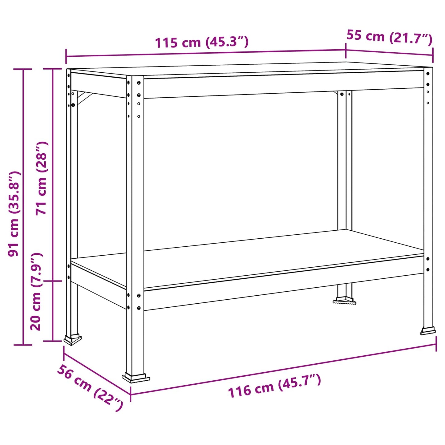 Munkapad polcokkal Fekete 115 x 55 x 91 cm Mérnöki fa és fém