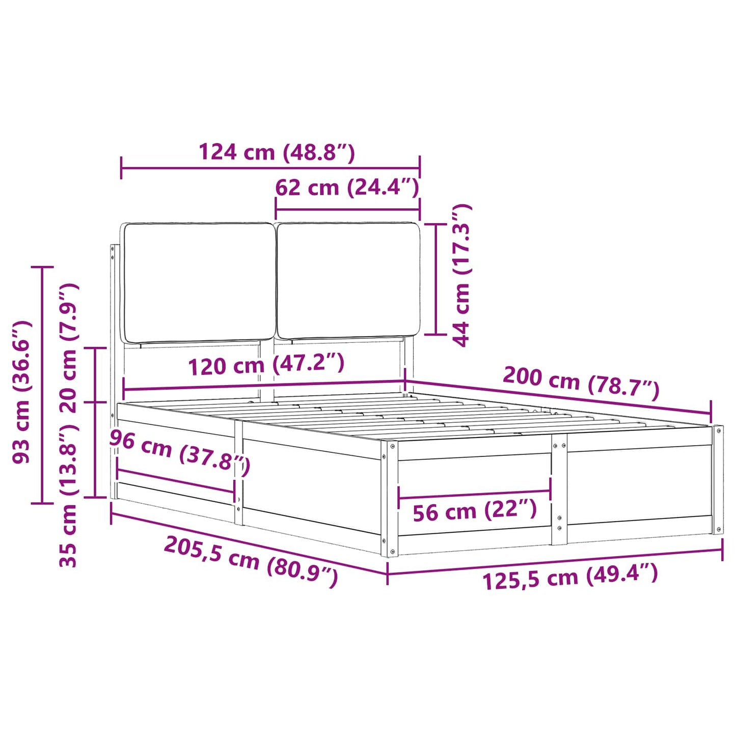 Ágykeret Kárpitozott Fejtámlával Tópszínű 120 x 200 cm
