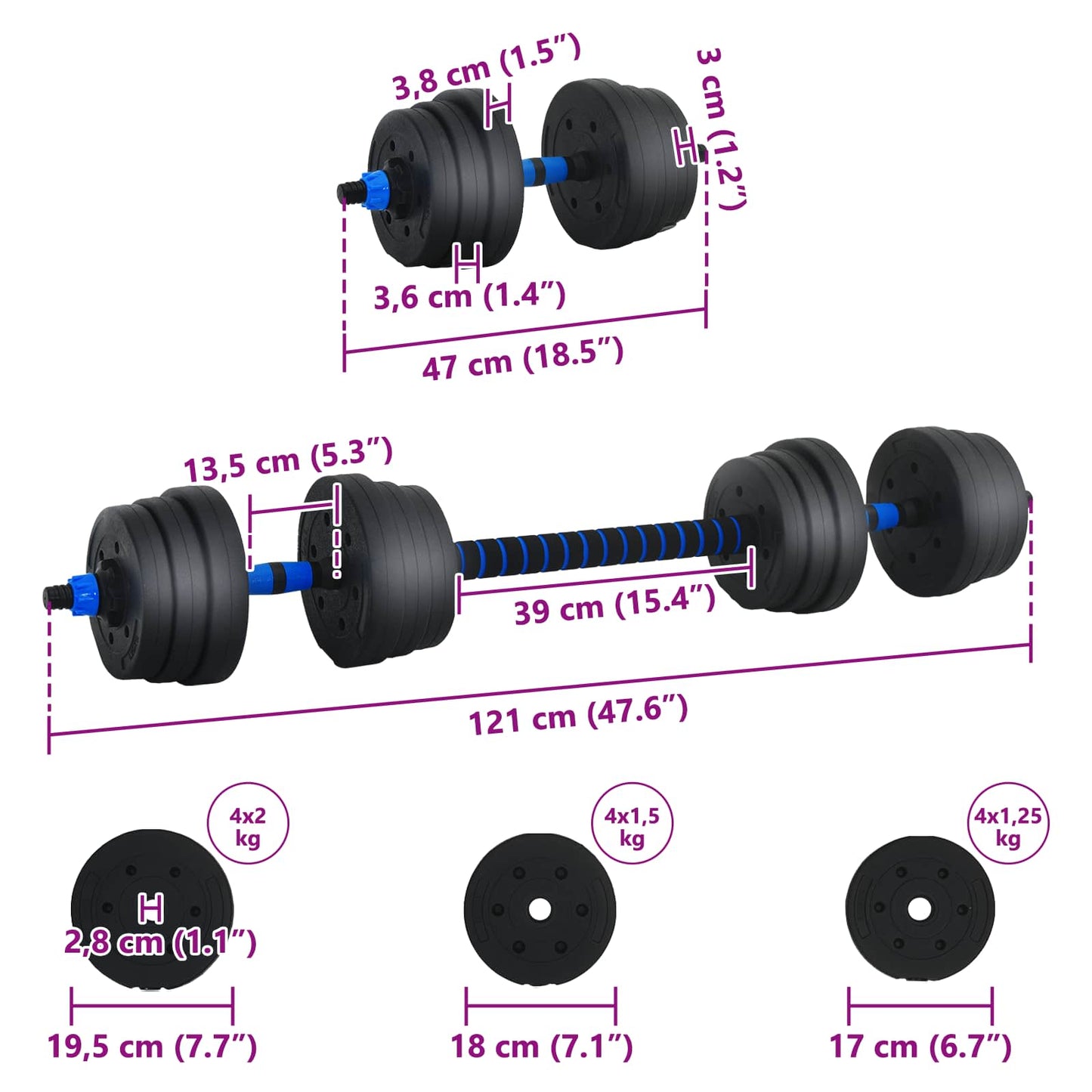 2 az 1-ben Kettlebell és Súlyzó Készlet 20 kg Fekete és Kék