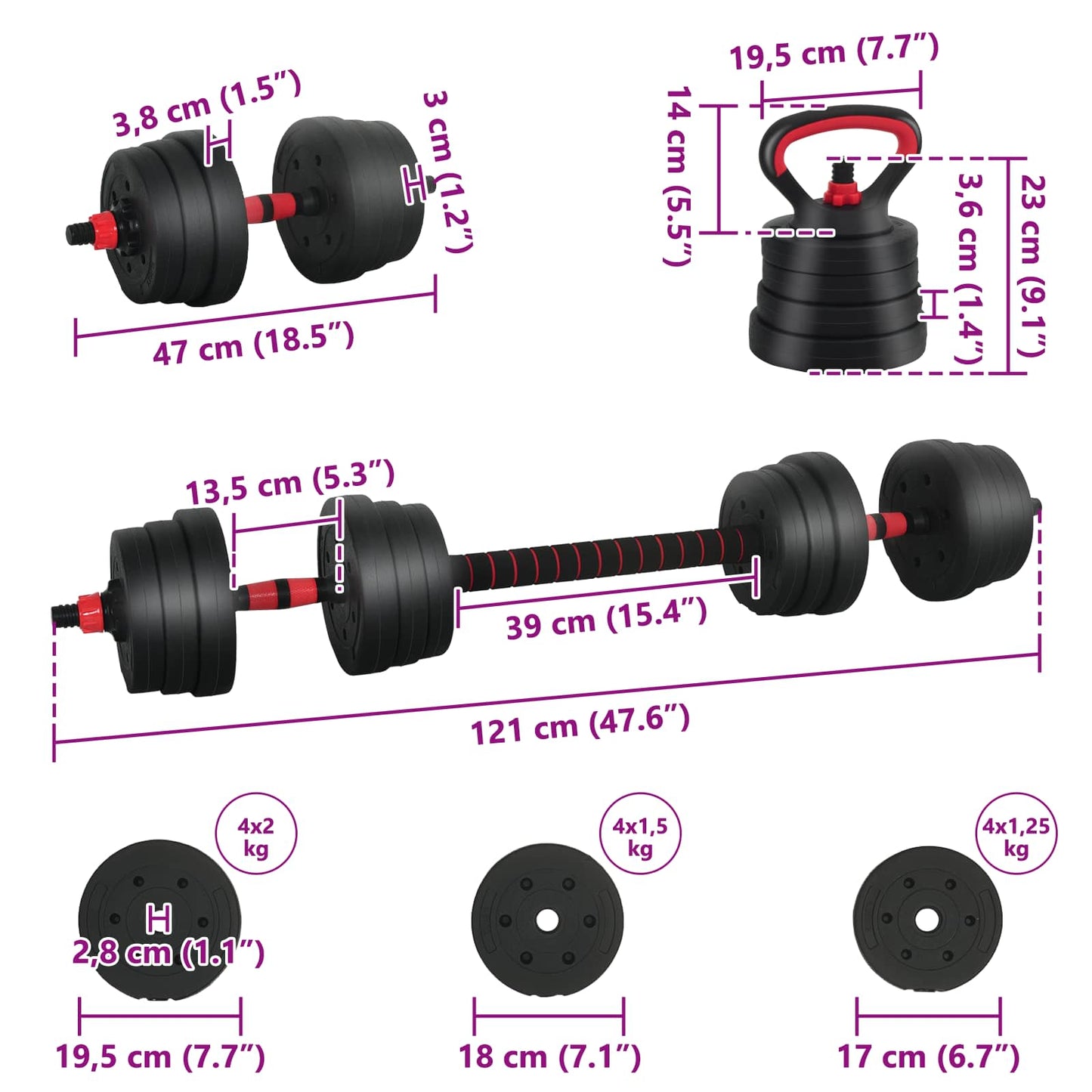 4 az 1-ben súlyzó, rúd és kettlebell szett 20 kg