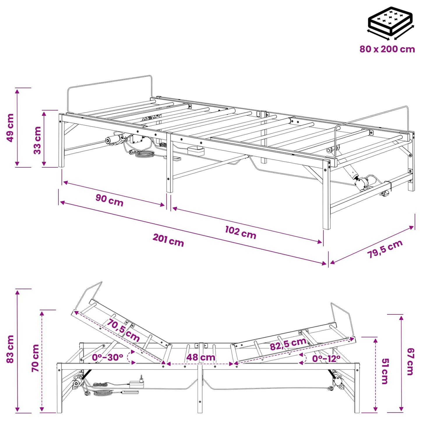 Elektromosan Állítható Ágykeret Fekete 80 x 200 cm Acél