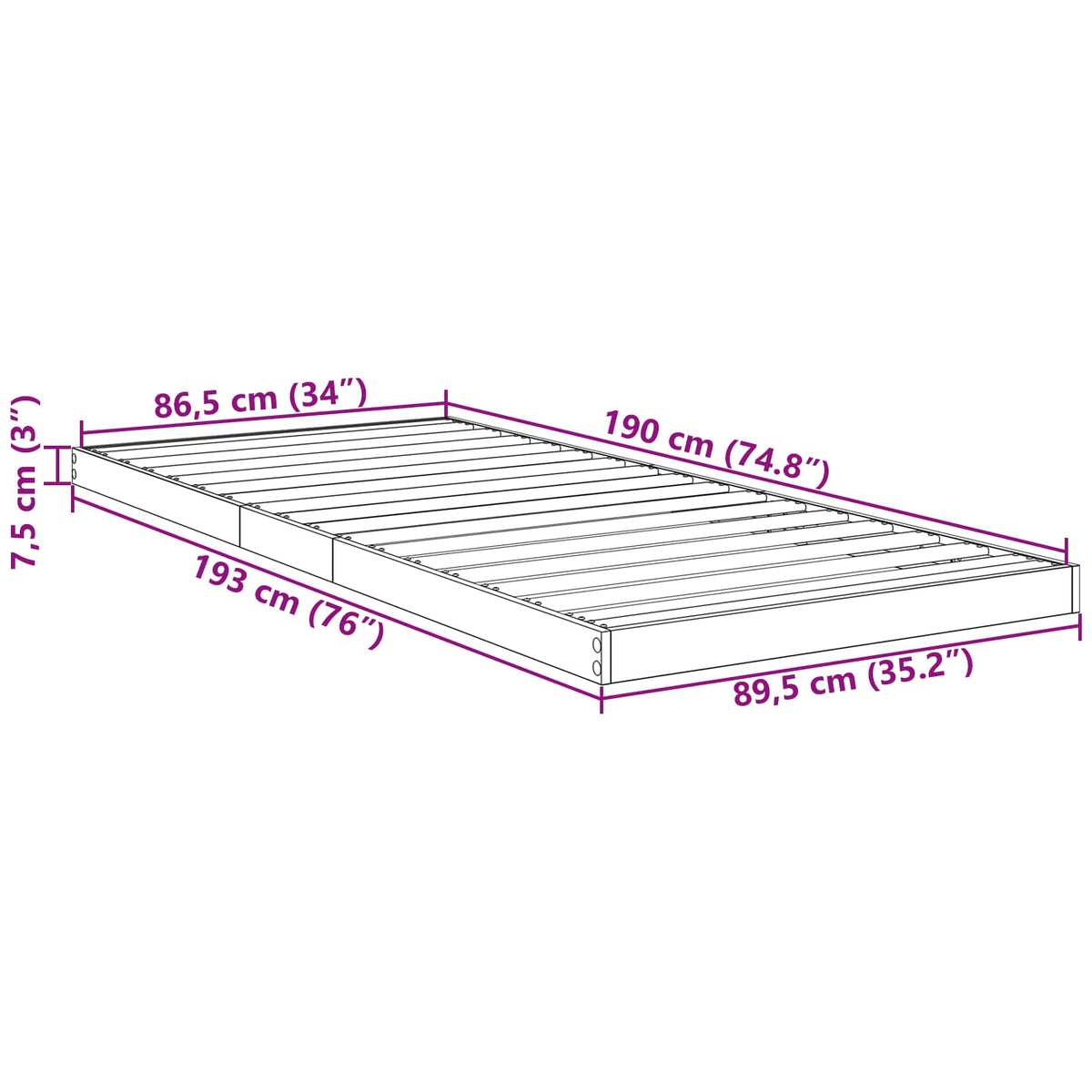 Földi ágykeret Beton Szürke 90 x 190 cm Szerelt Fa
