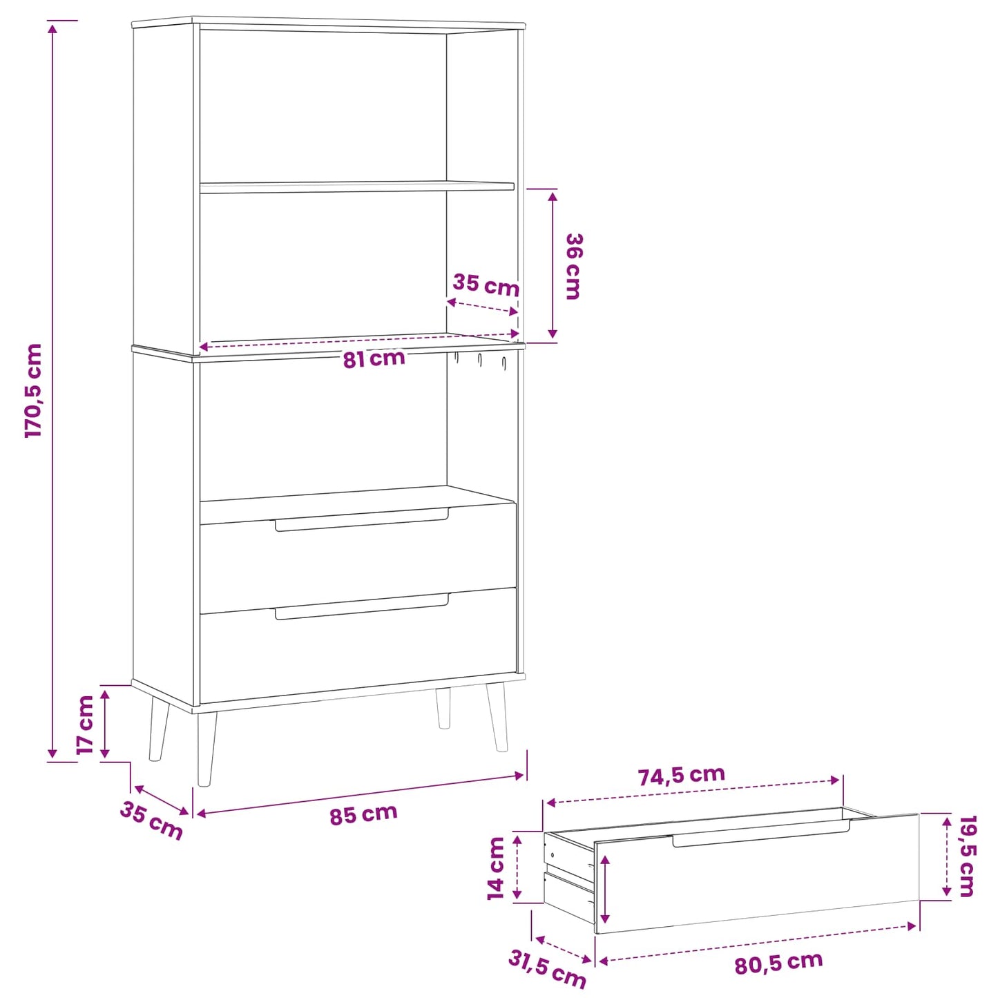 Könyvszekrény MOLDE 85 x 35 x 170,5 cm Tömör Fenyőfa Karamell