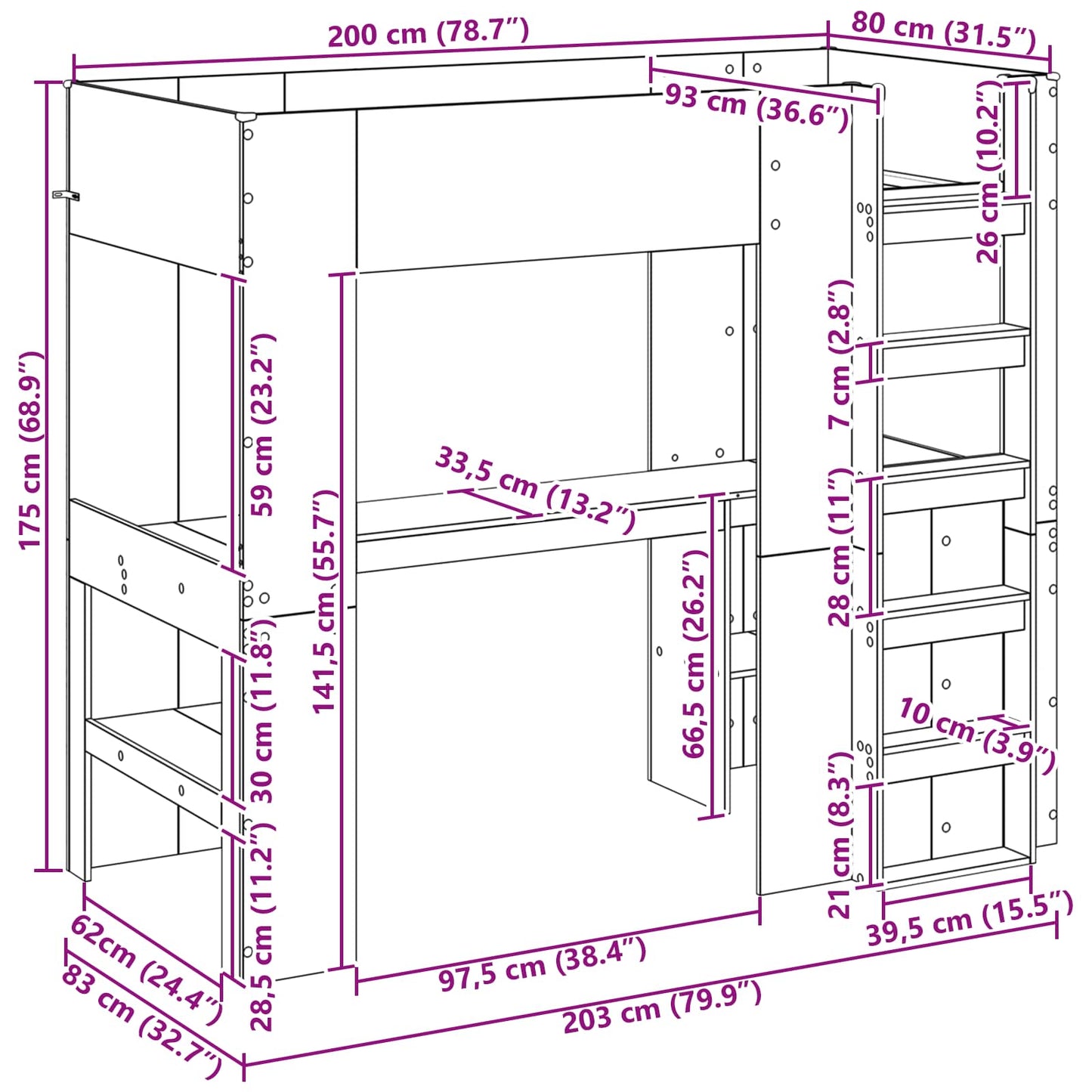 Emeletes ágykeret íróasztallal Beton Szürke 80 x 200 cm Faanyag