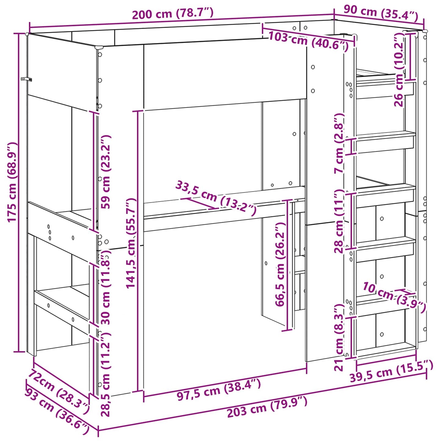 Emeletes ágykeret íróasztallal Fekete tölgy 90 x 200 cm Faanyag