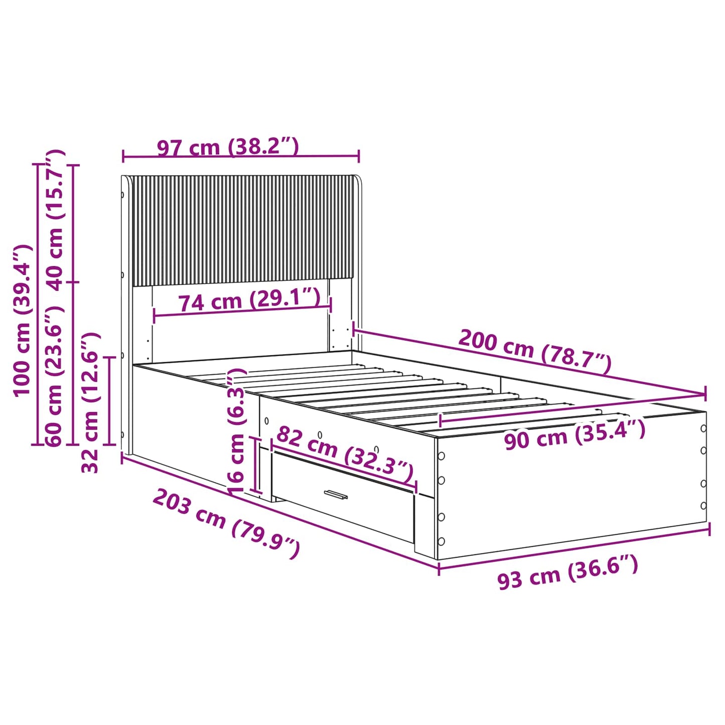 Ágykeret tárolóval és fejtámlával Betonszürke 90 x 200 cm