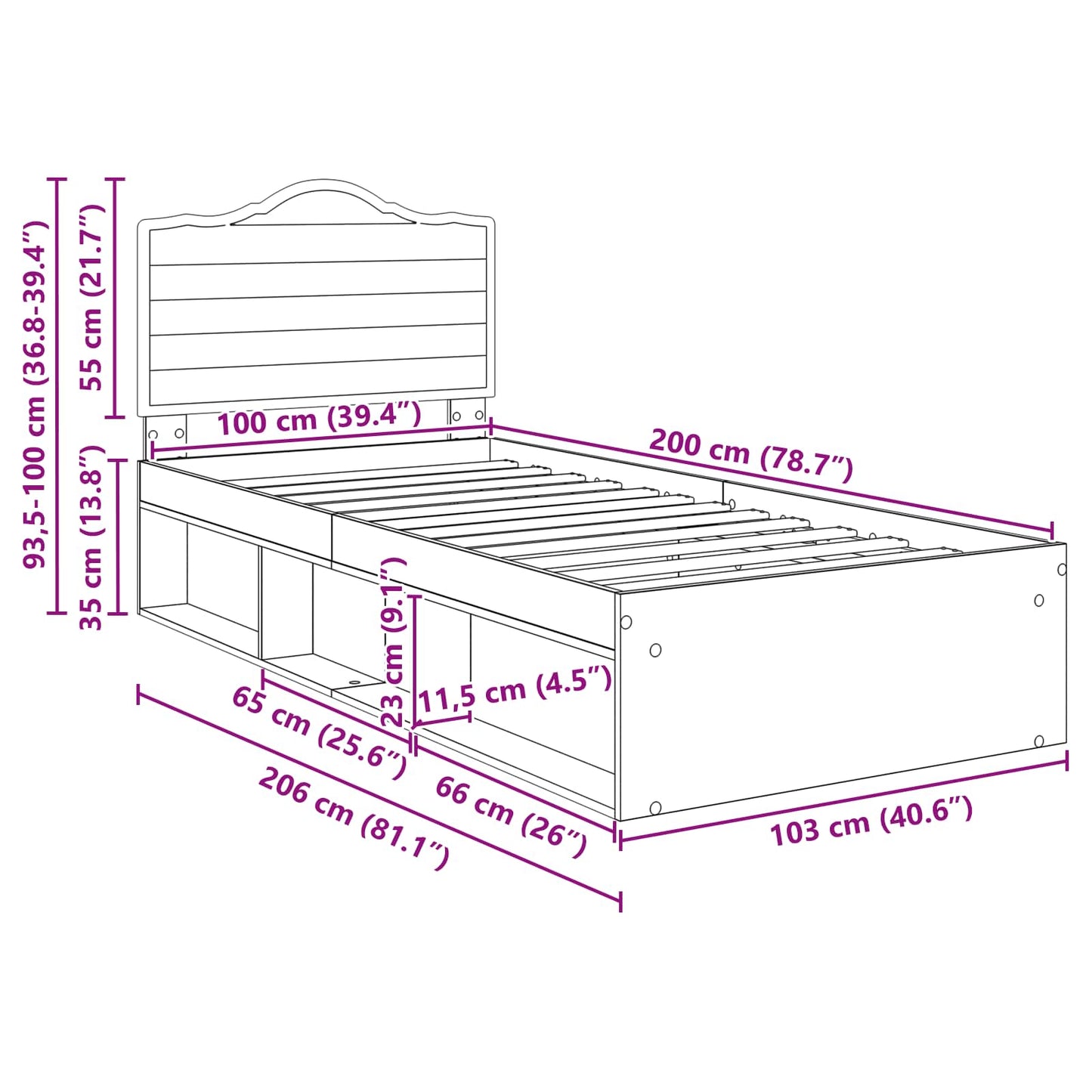 Ágykeret fejtámlával Beton Szürke 100 x 200 cm Tömör fenyőfa
