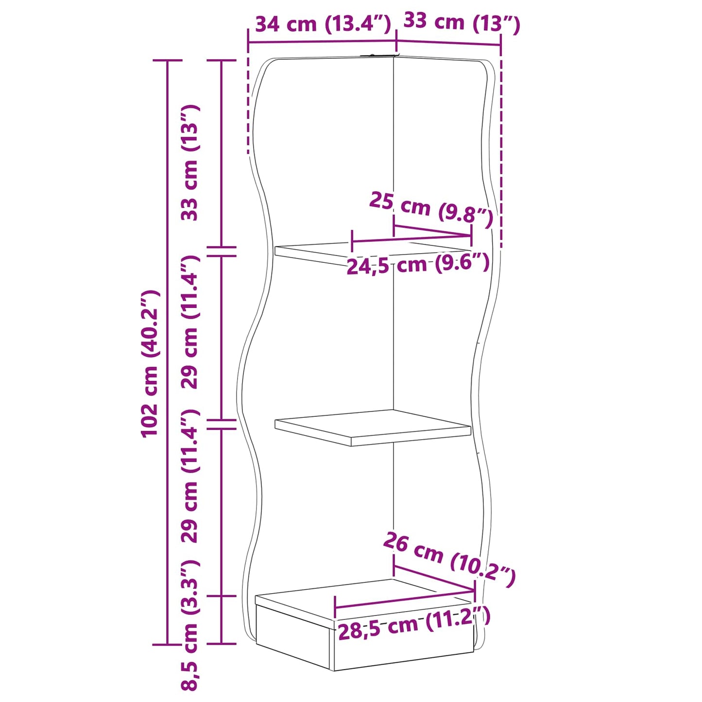 Sarokpolc polcokkal Betonszürke 34 x 33 x 102 cm Szerelt Fa