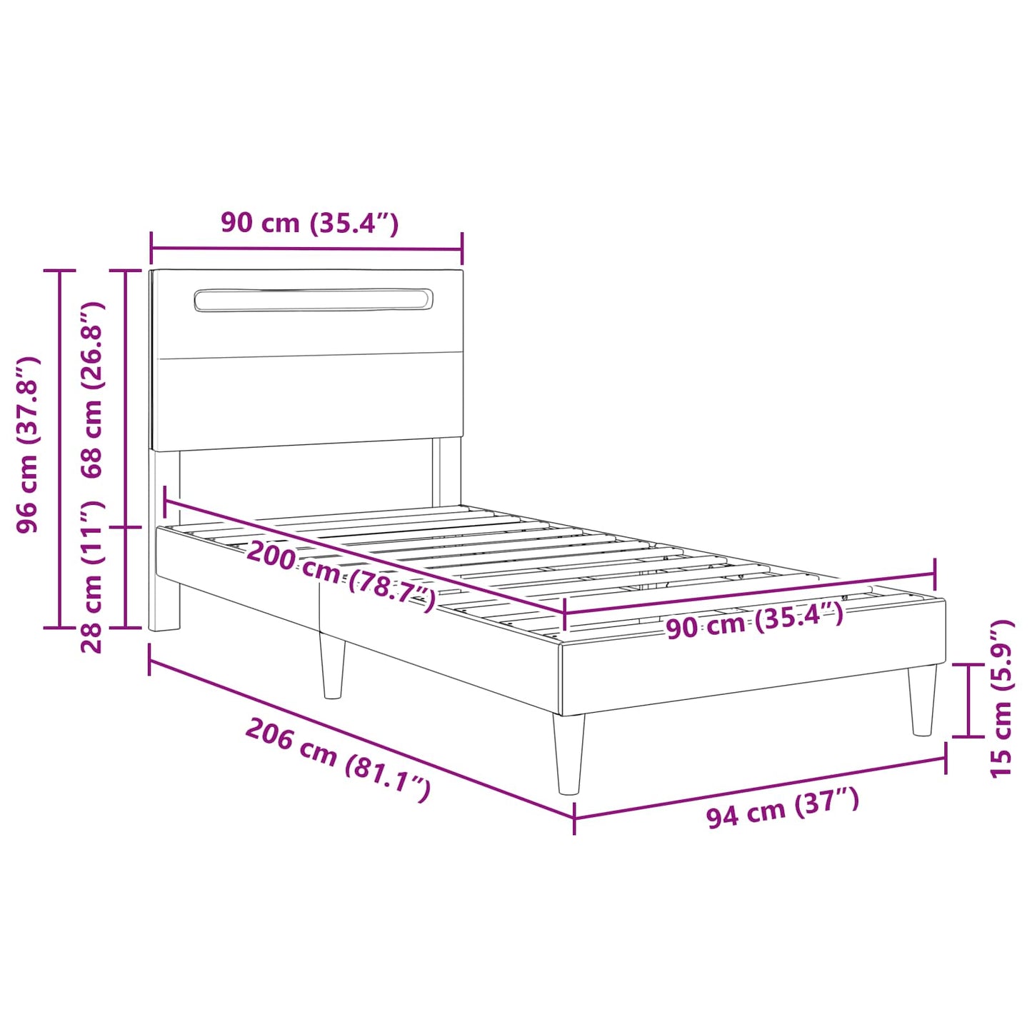 Ágykeret LED szalagokkal fejtámlával Fekete 90 x 200 cm Műbőr