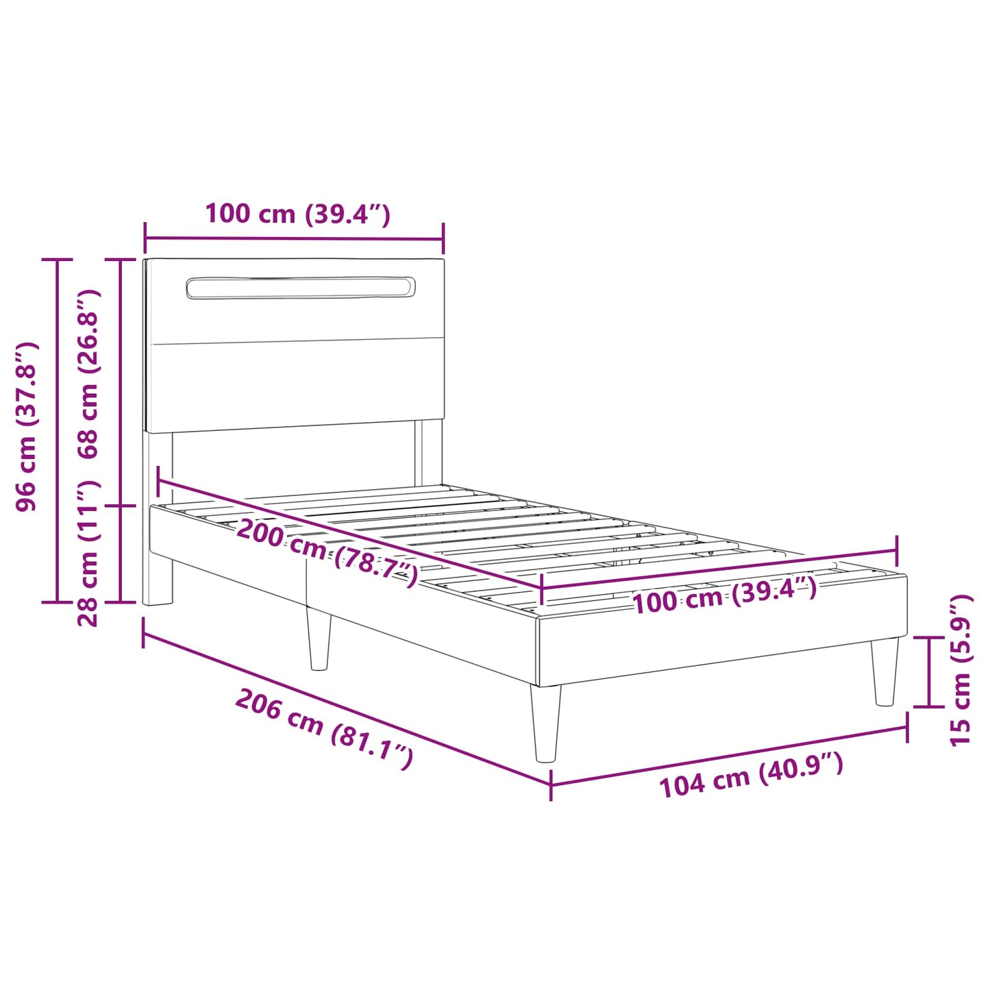 Ágykeret LED szalagokkal fejtámlával Fehér 100 x 200 cm Műbőr