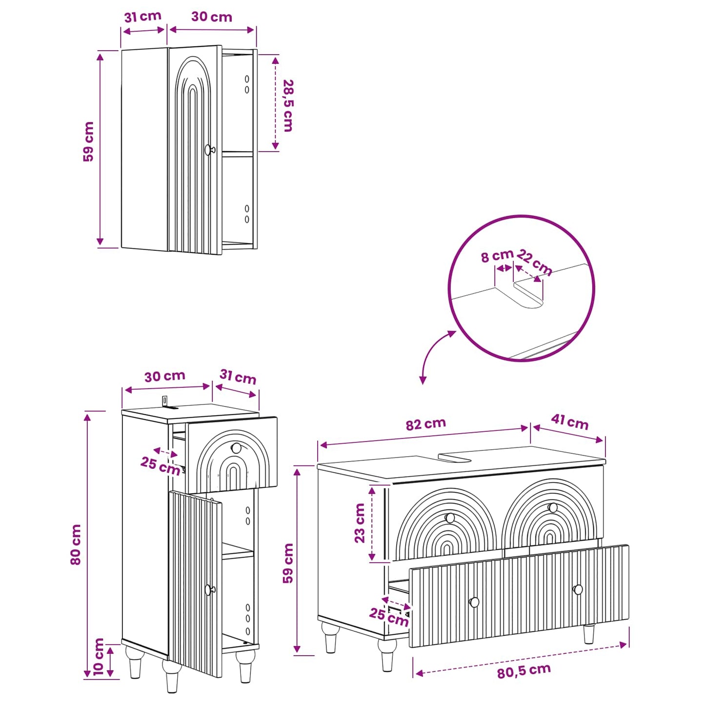 3 részes fürdőszoba szekrény szett ALKMAAR Antik Fa Szerelt Fa