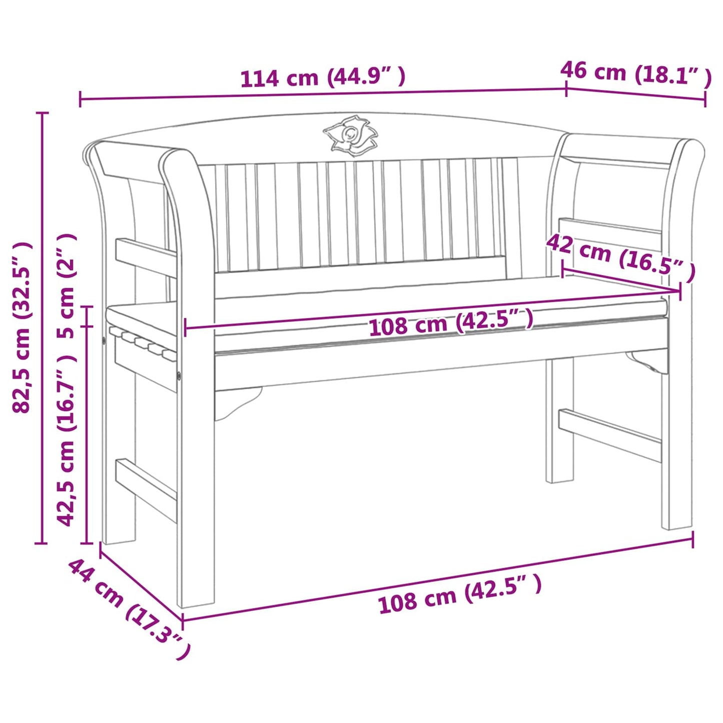 Rózsapad párnával Krémszín 114 x 46 x 82,5 cm Tömör Akácfa