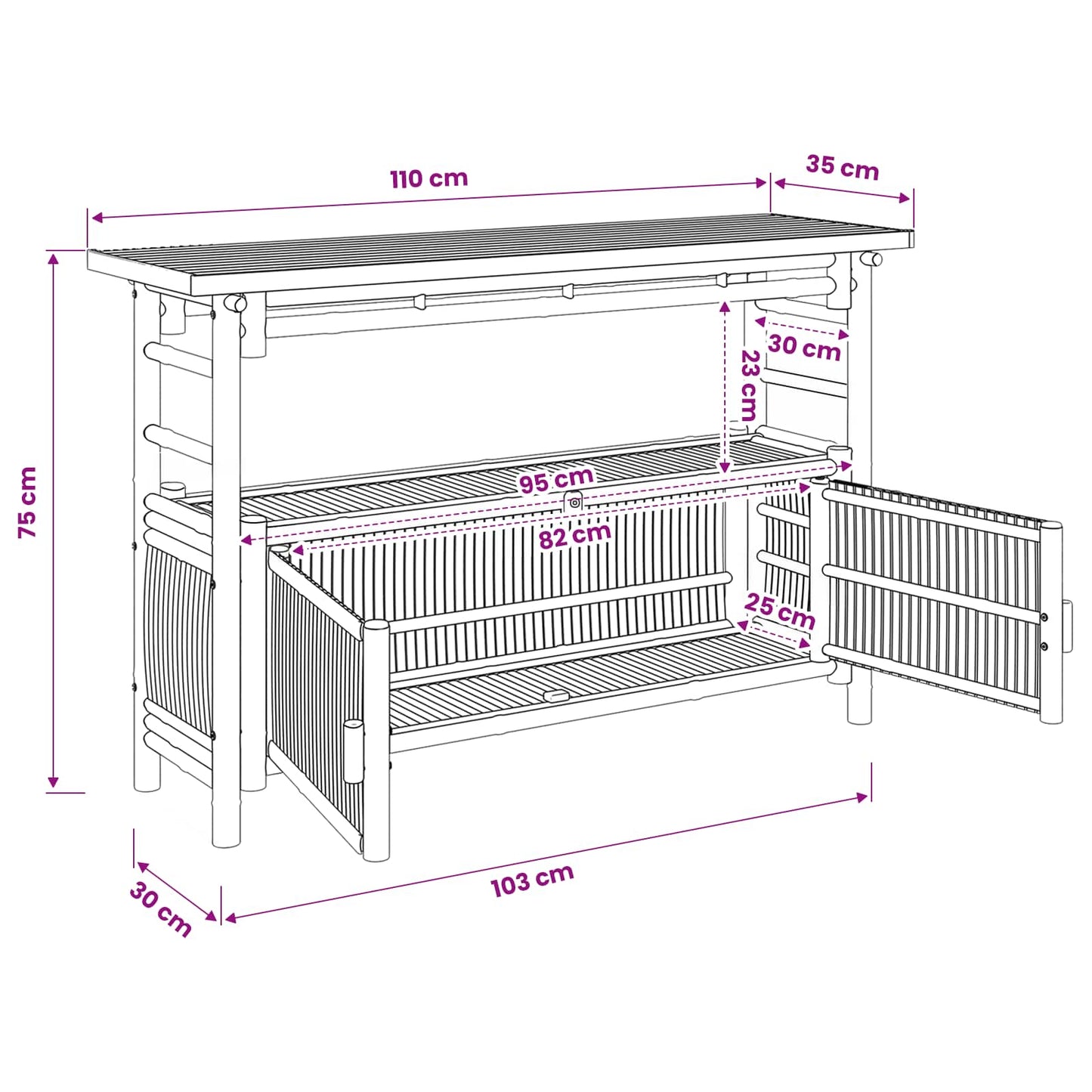 Konzolasztal polcokkal Természetes 110 x 35 x 75 cm Bambusz