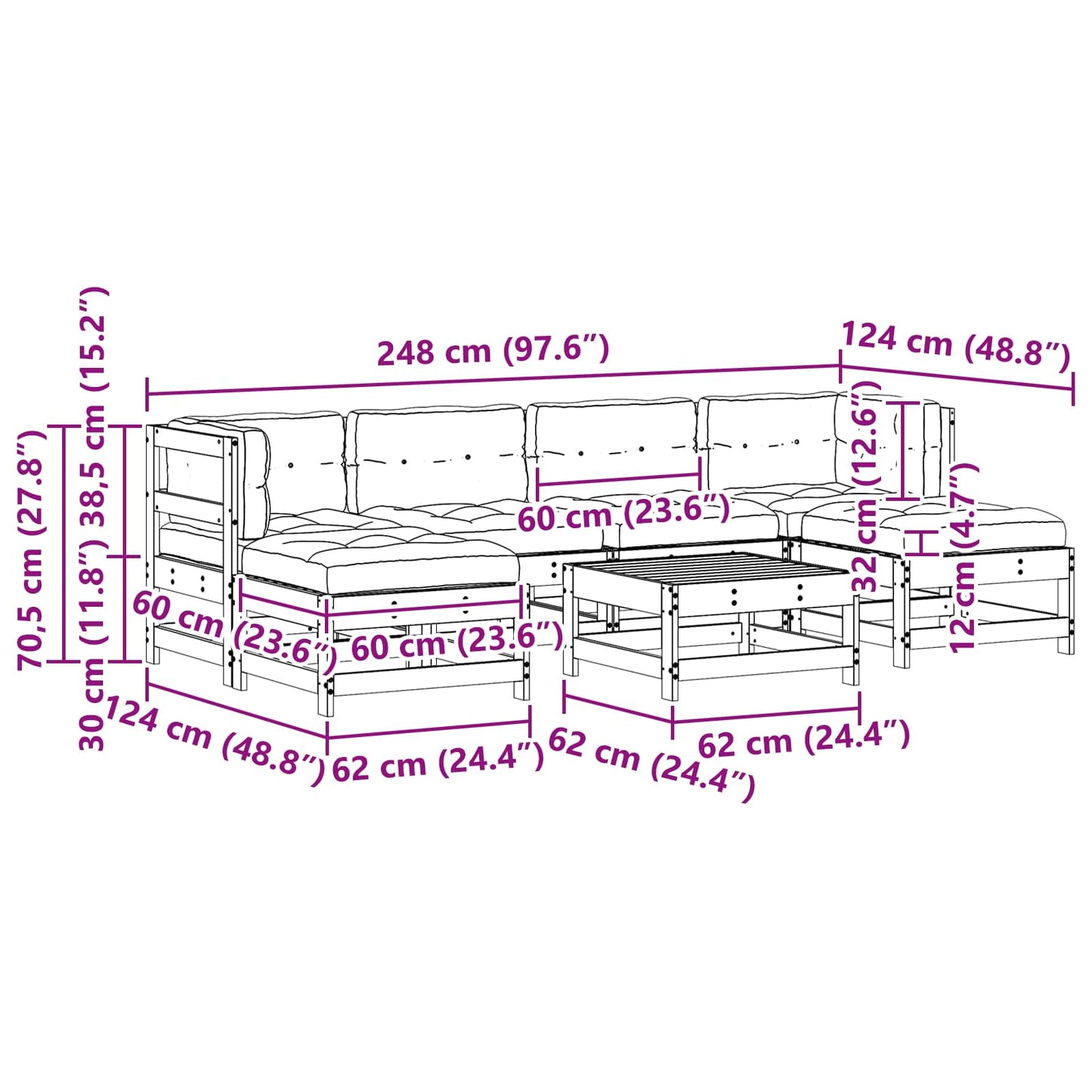 Kerti lounge szett 7 pcs Viaszbarna Tömör Fenyőfa
