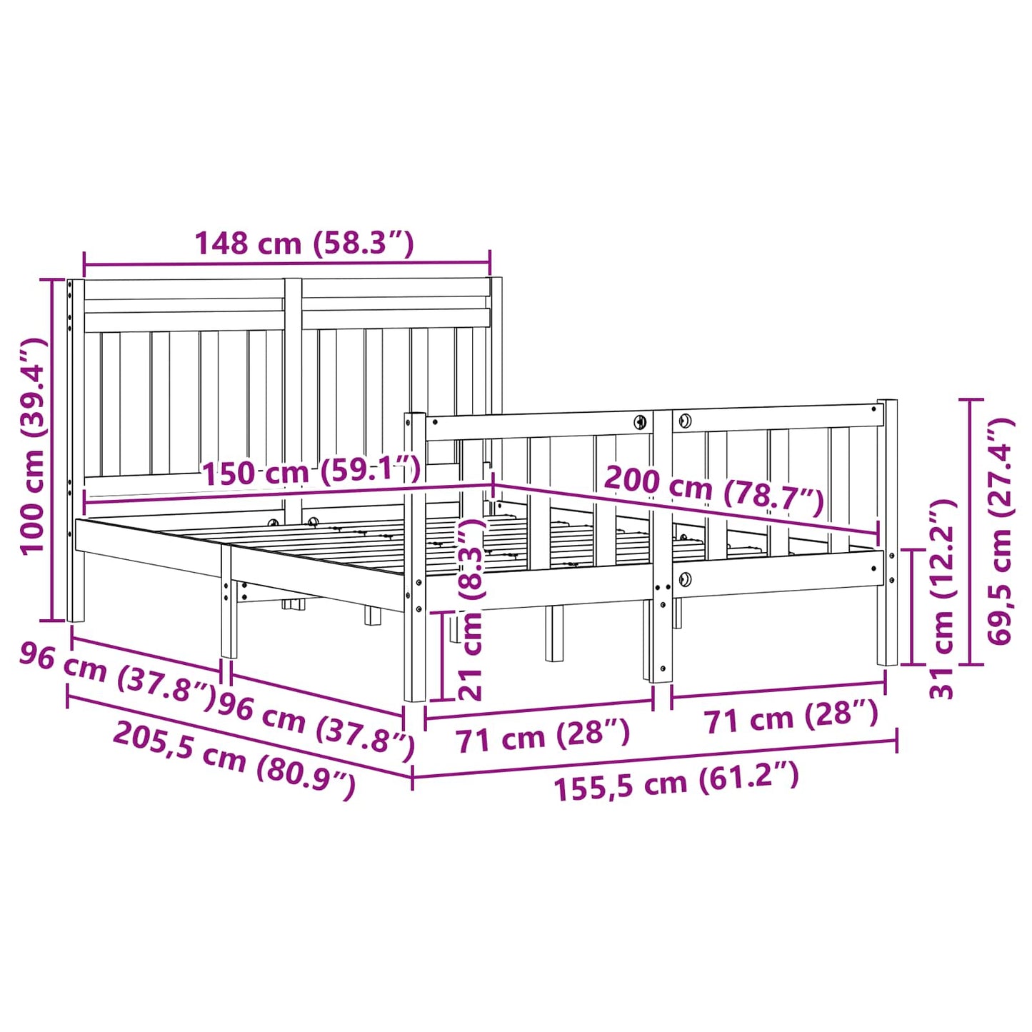 Ágykeret Faggyú barna 205,5 x 155,5 x 100 cm Tömör fenyőfa