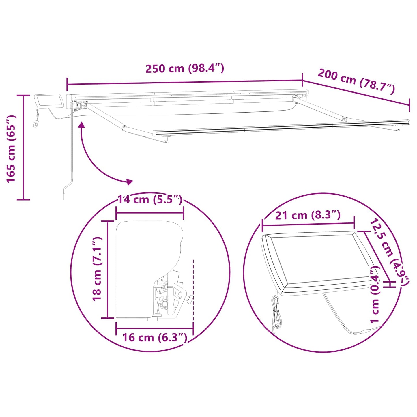 Kézi napellenző keret LED világítással Beige és Fehér 2,5 x 2 m