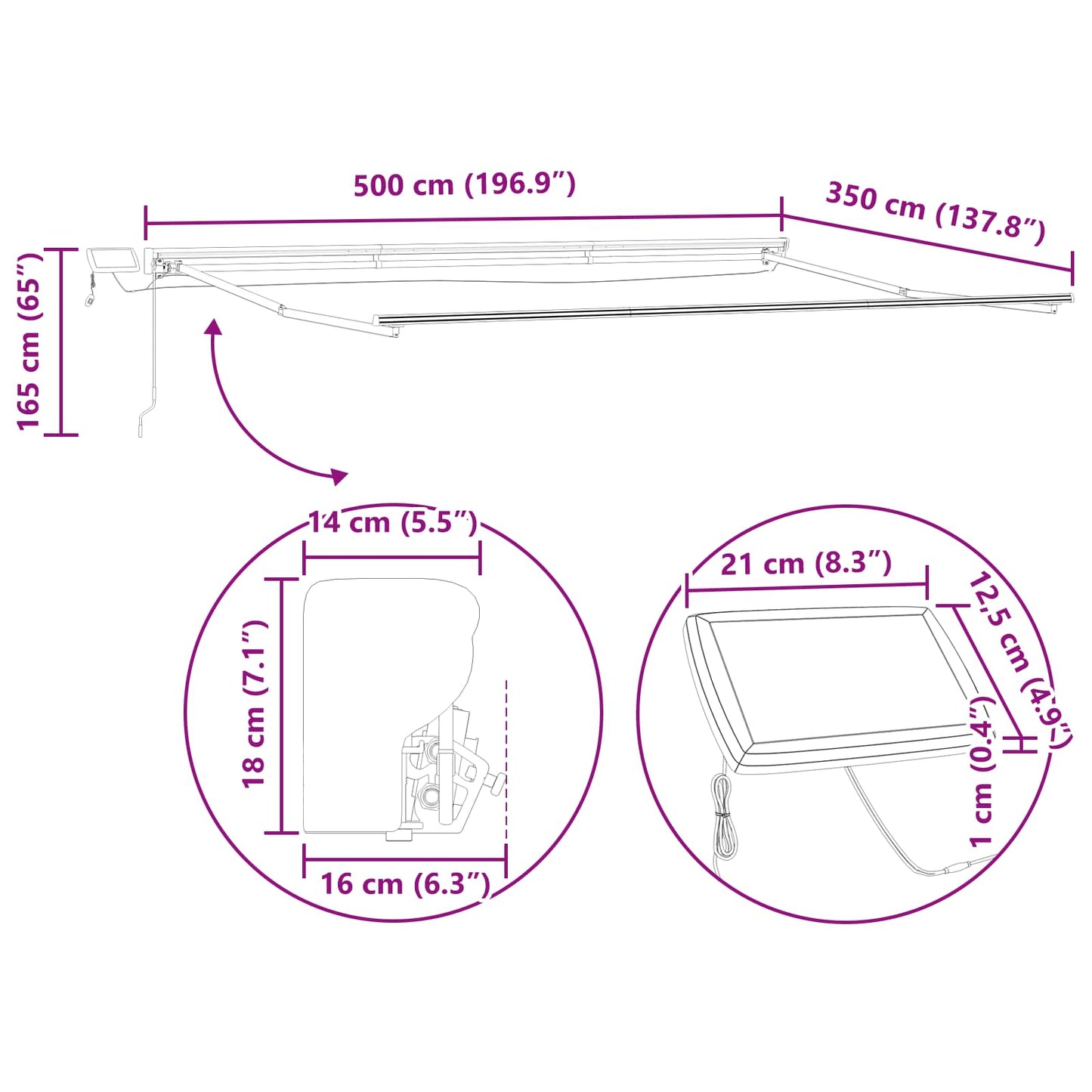 Kézi napellenző keret LED világítással 5 × 3,5 m