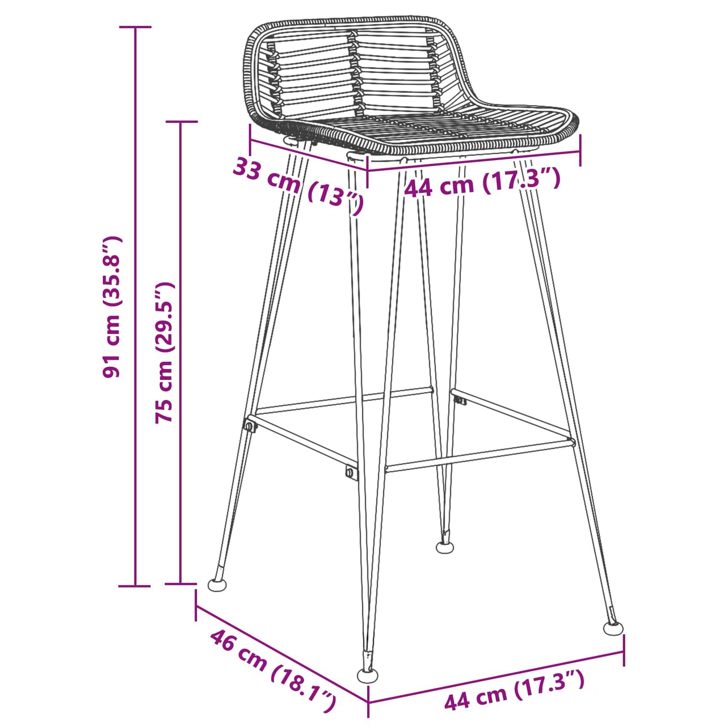 Bárszék 44 x 46 x 91 cm Rudas Vas Dia, 10mm