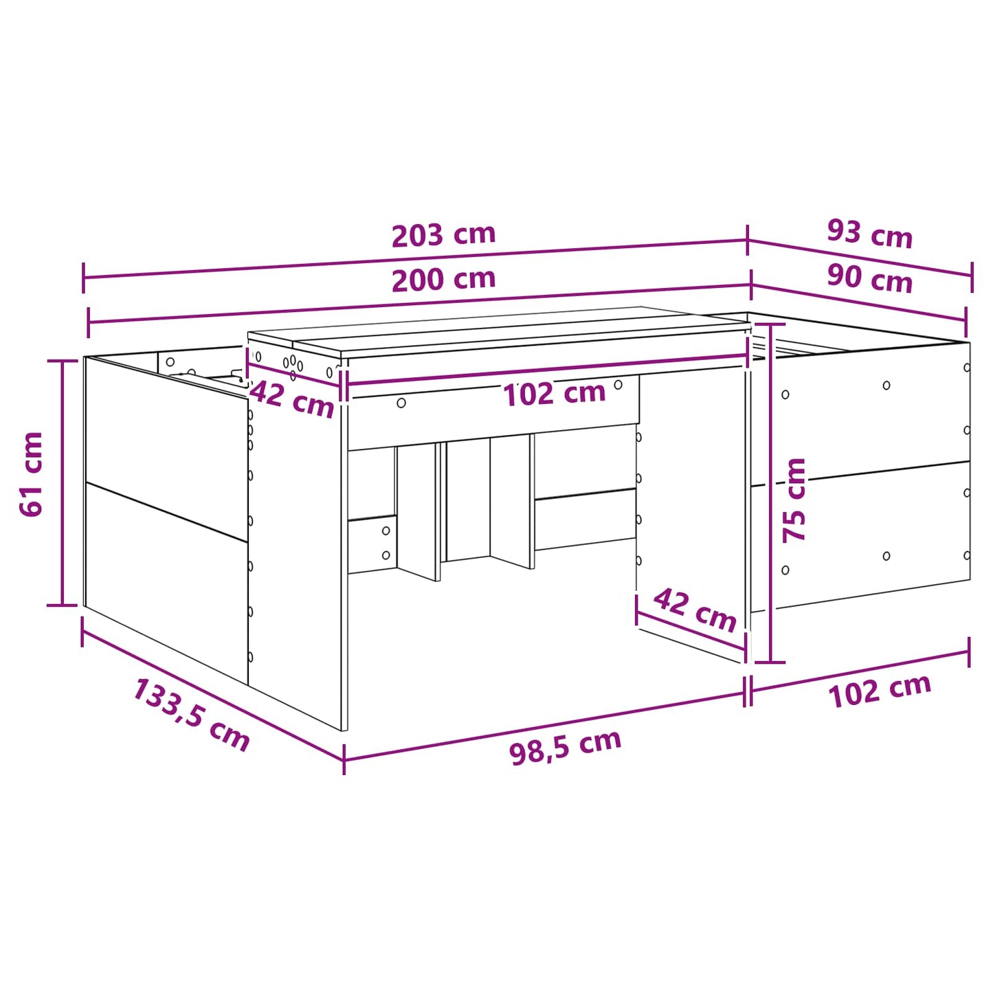 Gyerekek Magas Ágykeret Íróasztallal Fehér 90 x 200 cm