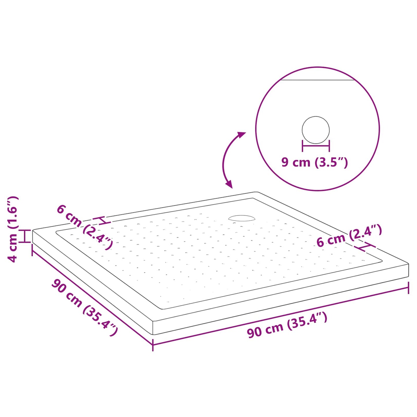 Zuhany Alap Tálca Dots-szal 90 x 90 x 4 cm ABS Fekete