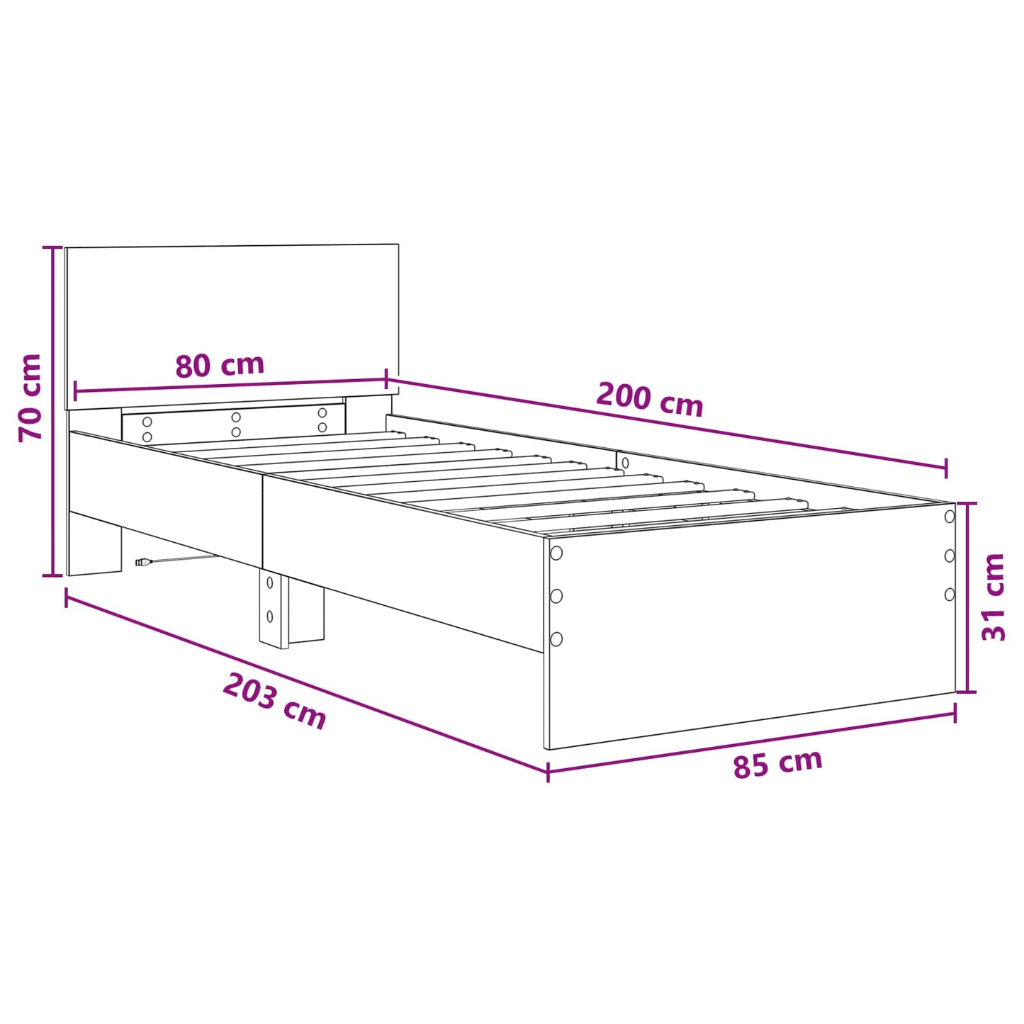 LED-es Ágykeret Antik Fa 80 x 200 cm Szerelt Fa