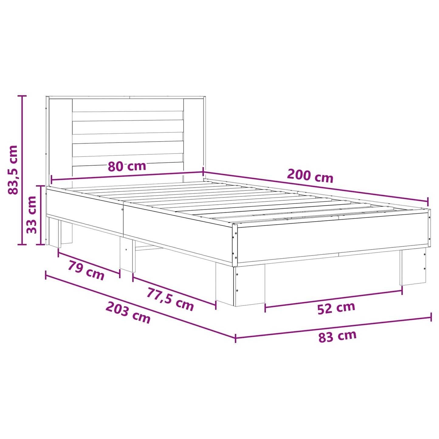 Ágykeret támlával Füstös Tölgy 80 x 200 cm Szerelt Fa