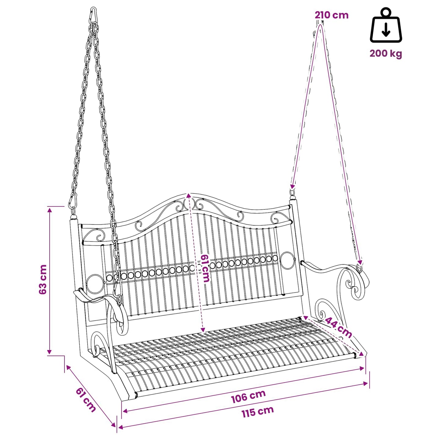 Hinta Pad Acél 115 x 61 x 63 cm Antik fehér