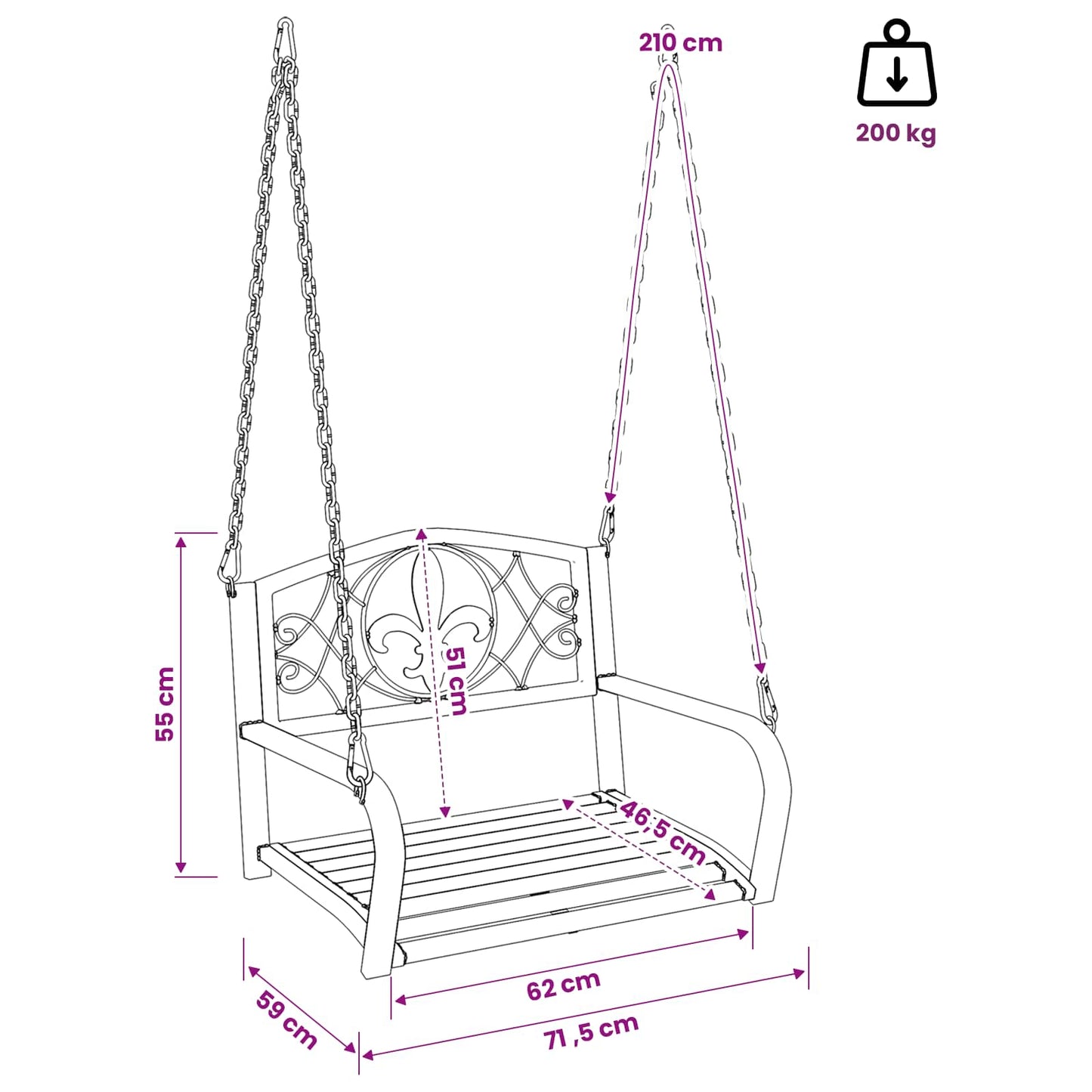 Hinta Pad Acél 71,5 x 59 x 55 cm Antik fehér