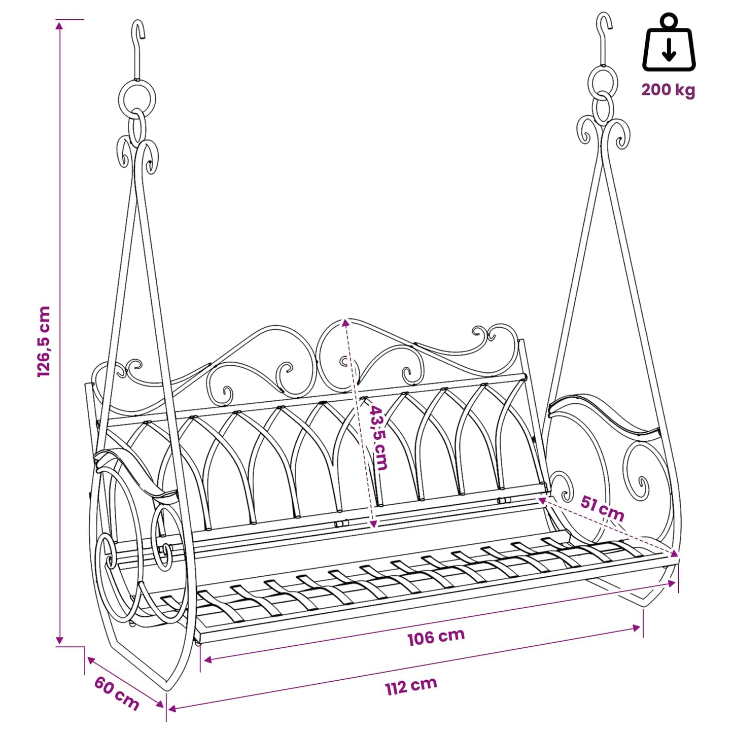 Hinta Pad Acél 112 x 60 x 126,5 cm Antik fehér