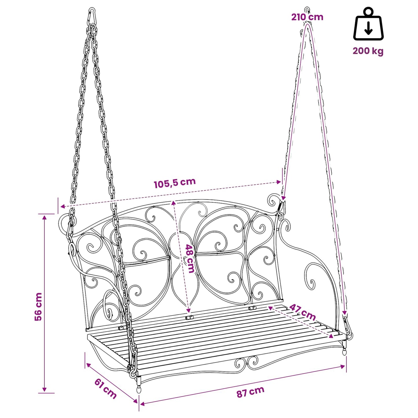 Hinta Pad Acél 105,5 x 61 x 56 cm Antik fehér