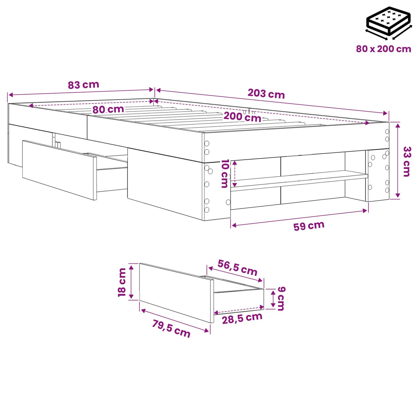 Ágykeret tárolóval fiókkal Sonoma Tölgy 80 x 200 cm Szerelt Fa