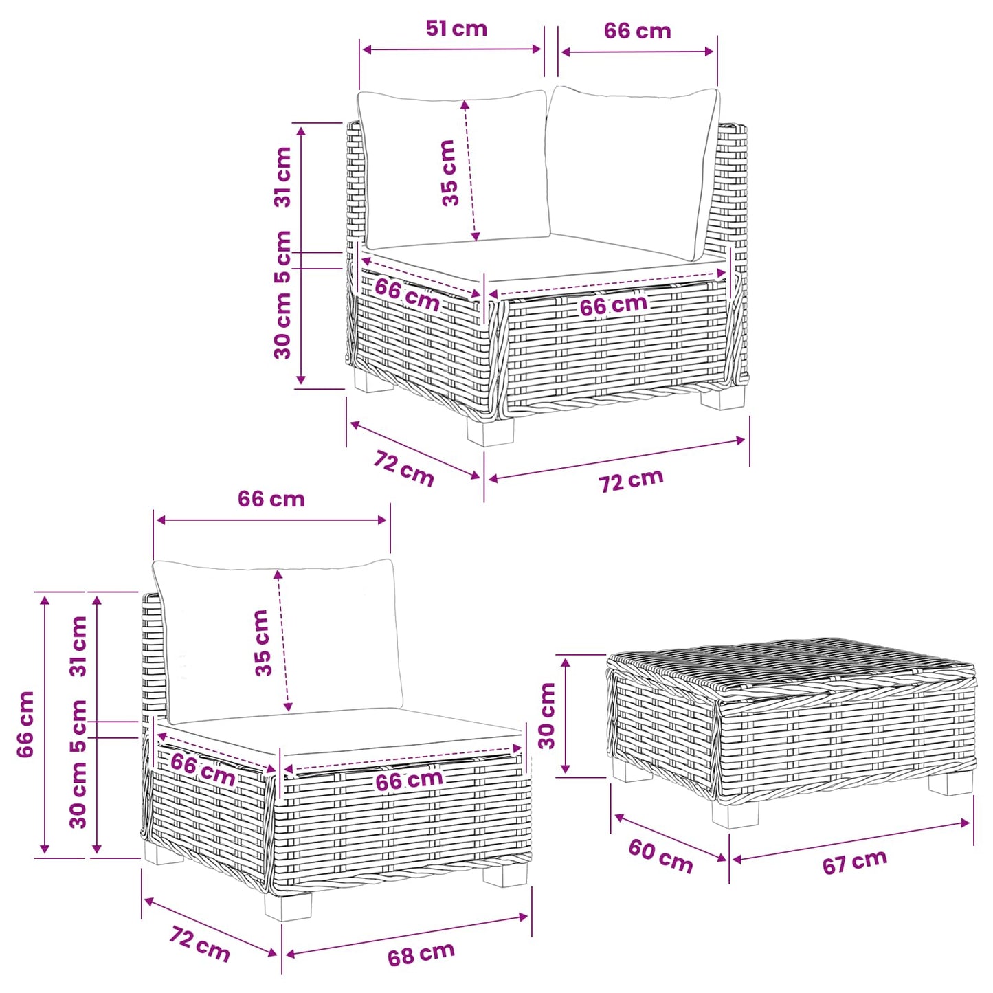 6 db Rattan Lounge Szett Párnákkal GENDT Természetes Rátta