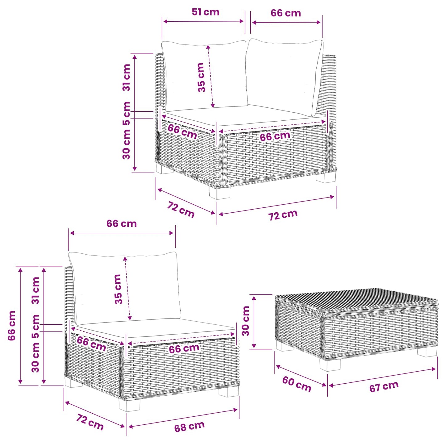 6 db Rattan Lounge Szett Párnákkal GENDT Természetes Rátta