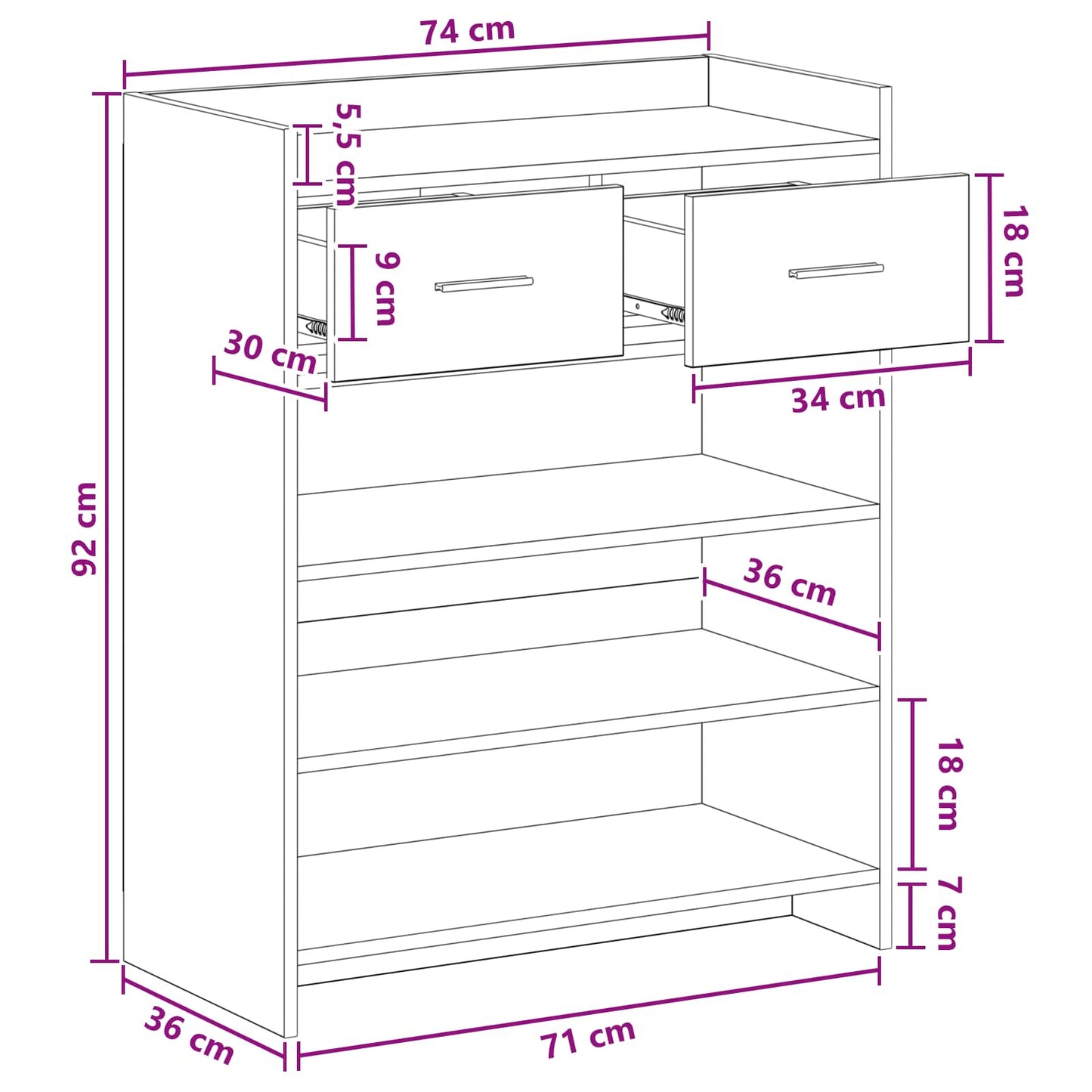 Cipőszekrény fiókkal Füstös Tölgy 73,5 x 36 x 92 cm Szerelt Fa