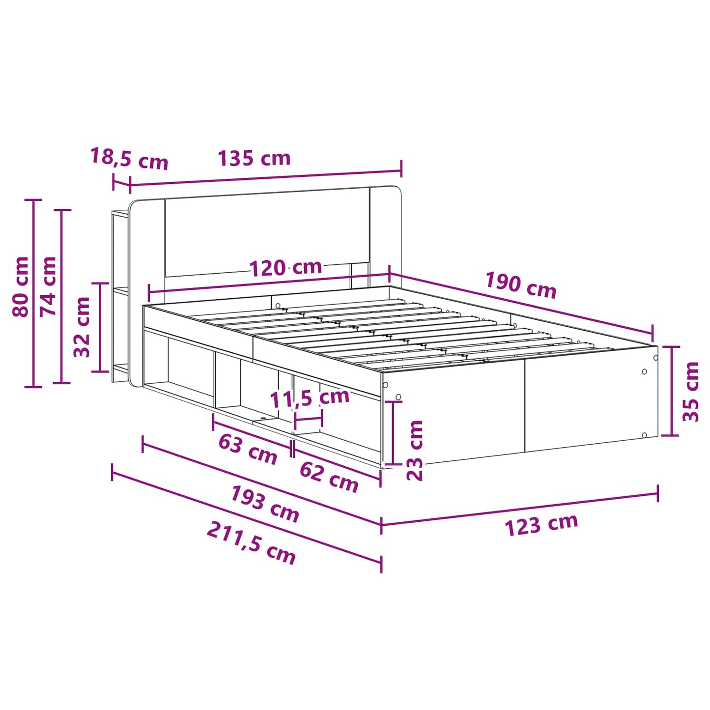 Ágykeret tárolóval fejtámlával Antik Fa 120 x 190 cm Szerelt Fa