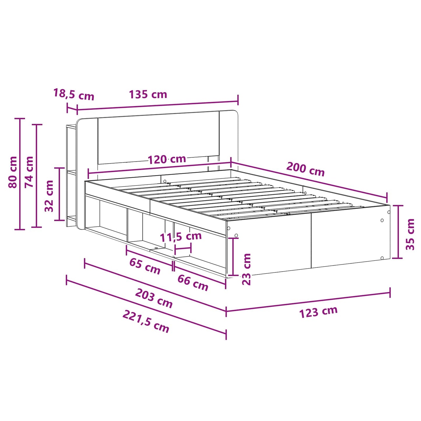 Ágykeret tárolóval fejtámlával Antik Fa 120 x 200 cm Szerelt Fa