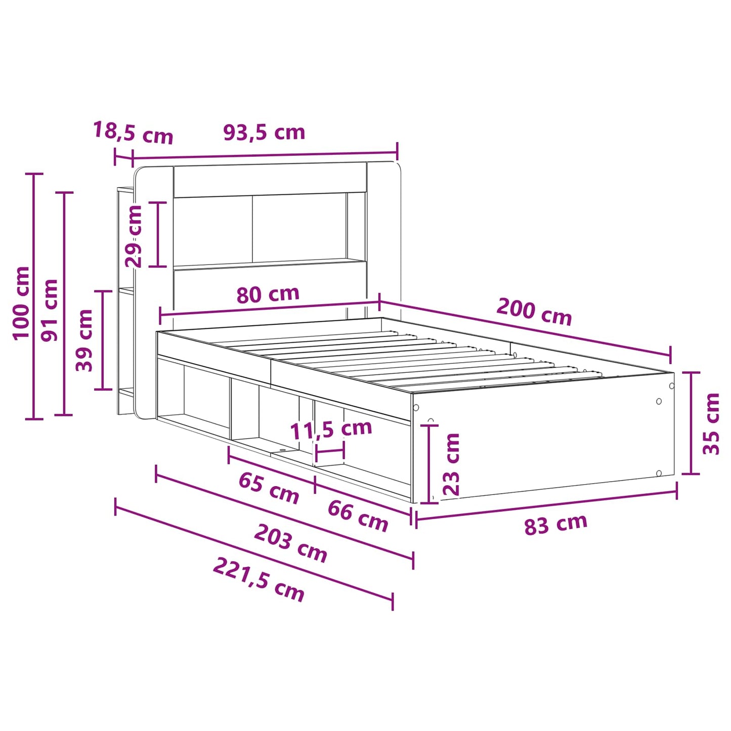 Ágykeret tárolóval Kézműves Tölgy 80 x 200 cm Szerelt Fa