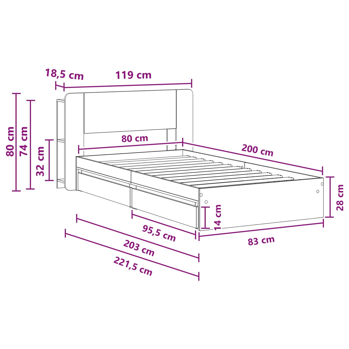 Ágykeret tárolóval fiókkal Füstös Tölgy 100 x 200 cm Szerelt Fa