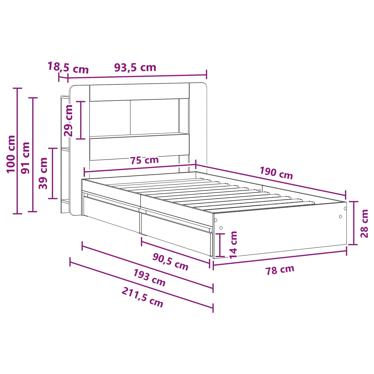 Ágykeret tárolóval fiókkal Betonszürke 75 x 190 cm Szerelt Fa