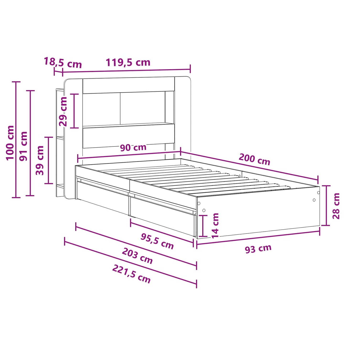 Ágykeret tárolóval fiókkal Füstös Tölgy 90 x 200 cm Szerelt Fa