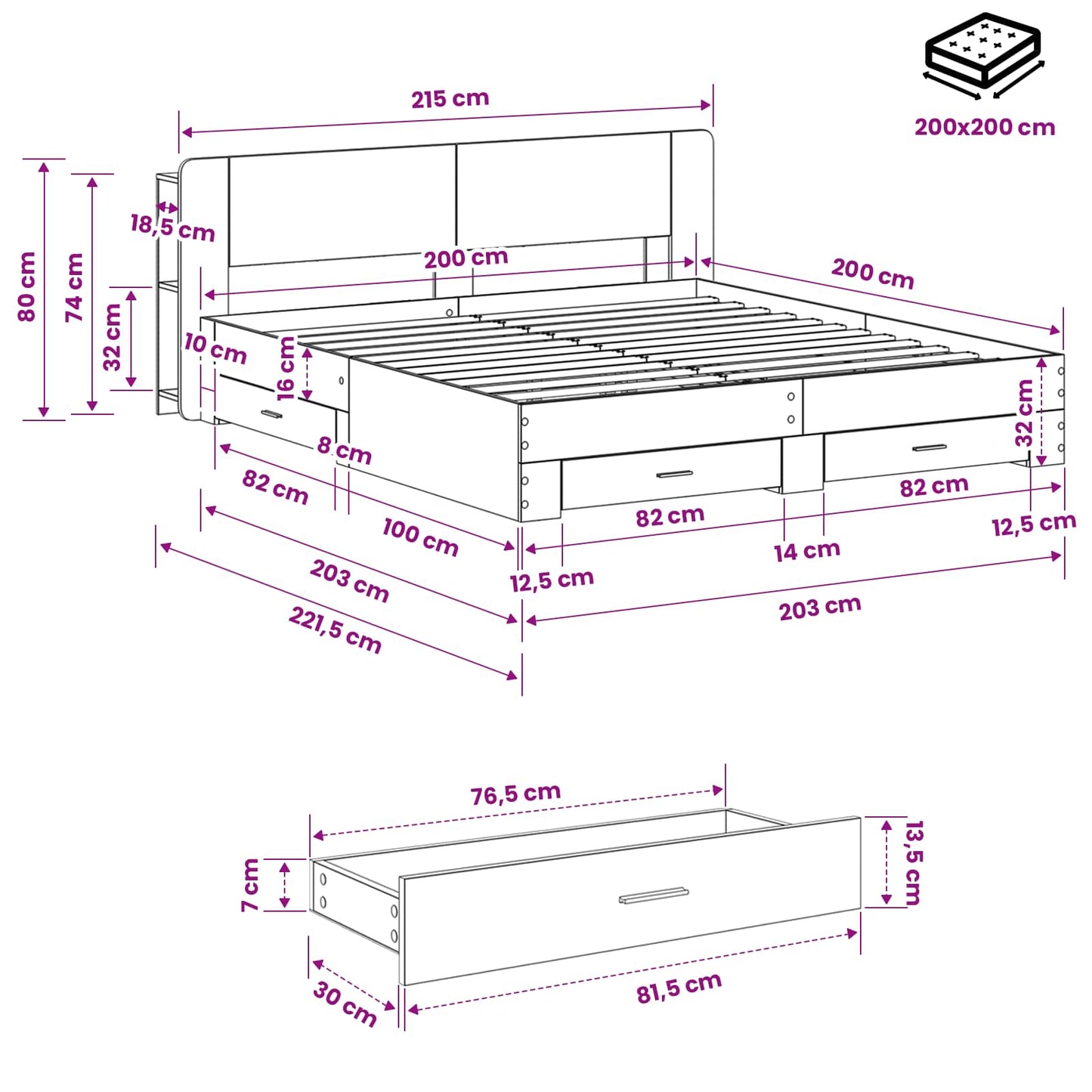 Ágykeret tárolóval Betonszürke 200 x 200 cm Szerelt Fa