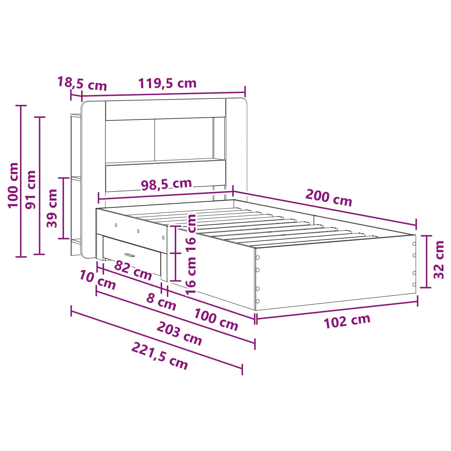 Ágykeret tárolóval Kézműves Tölgy 100 x 200 cm Szerelt Fa