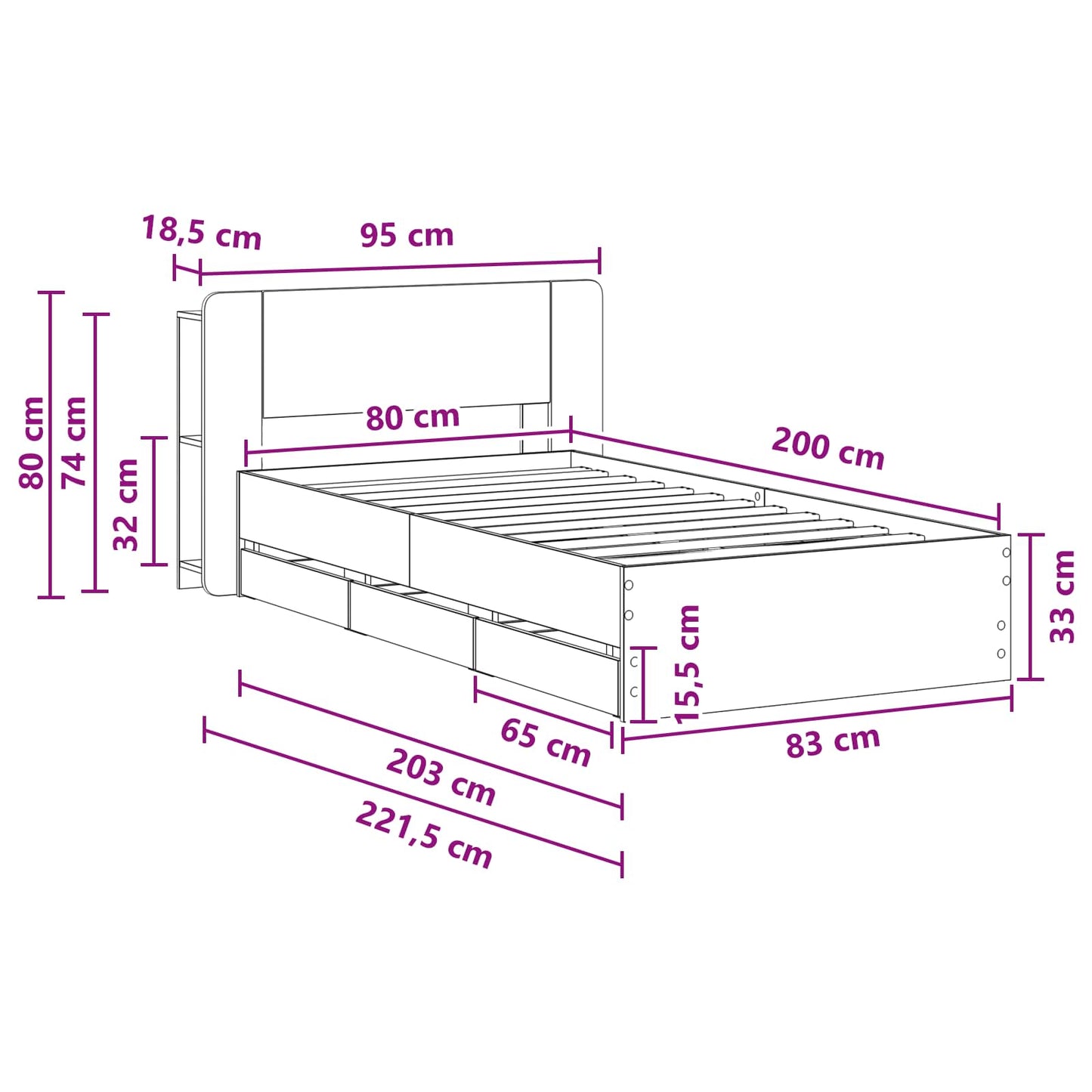 Ágykeret tárolóval fiókkal Antik Fa 80 x 200 cm Szerelt Fa
