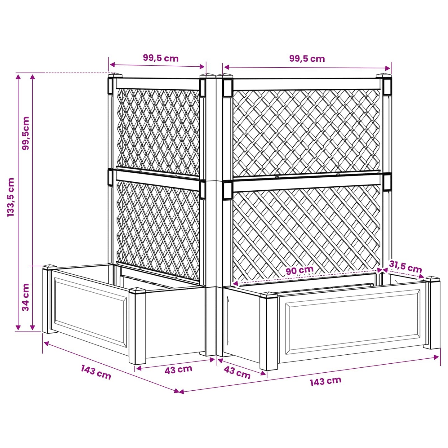 Nagy virágtartó trellissel 2 pcs Fehér 143 x 143 x 133,5 cm PP