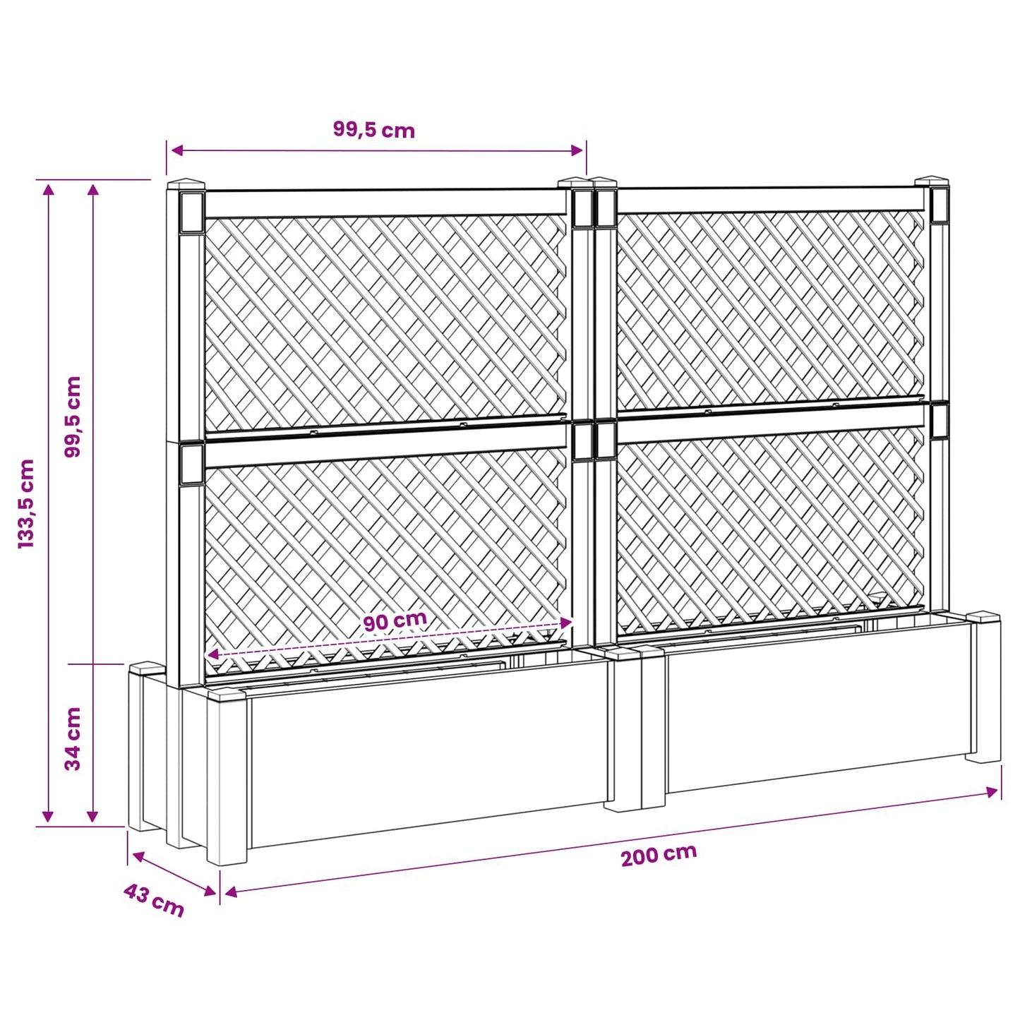 Nagy virágtartó trellisszel 2 pcs Szürke 200 x 43 x 133,5 cm PP