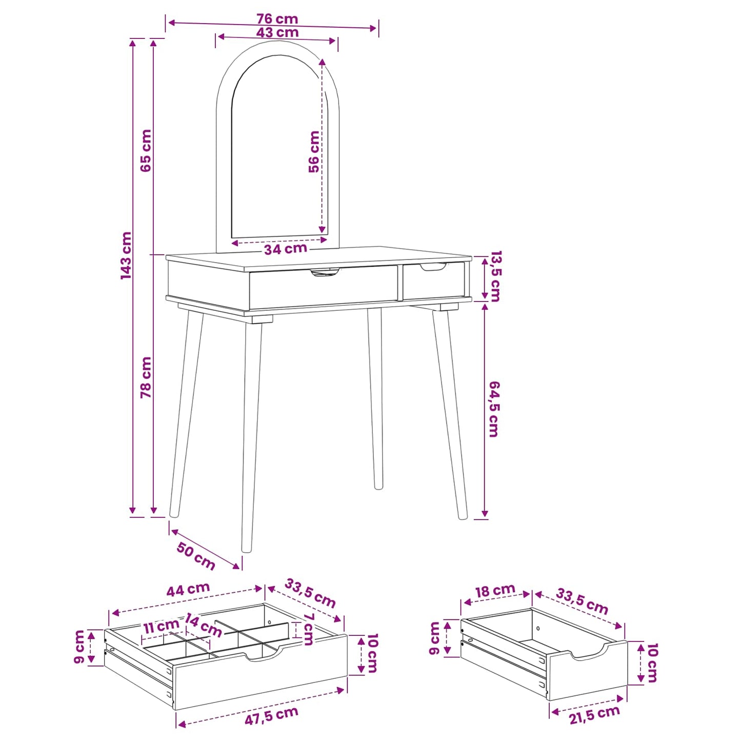 Sminkasztal Készlet FAUSKE 2 pcs Fehér 76 x 50 x 143 cm