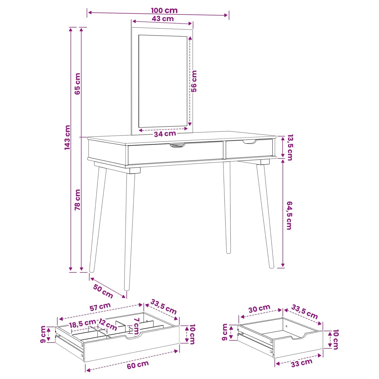 Sminkasztal Készlet FAUSKE 2 pcs Fehér 100 x 50 x 143 cm