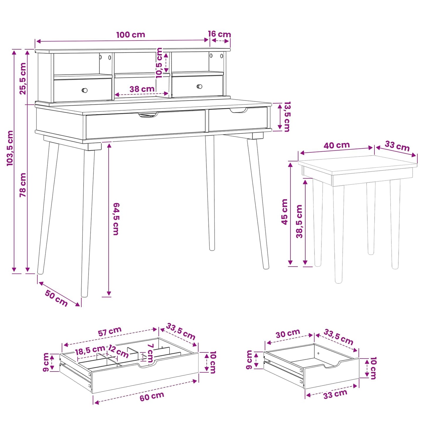 Sminkasztal Készlet FAUSKE 3 pcs Fehér 100 x 50 x 103,5 cm